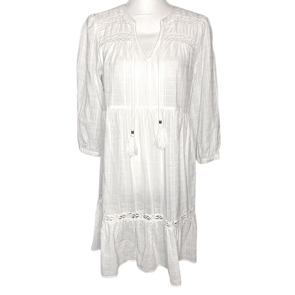 Knox Rose Boho Midi Dress White 100% Cotton Crochet Women Small